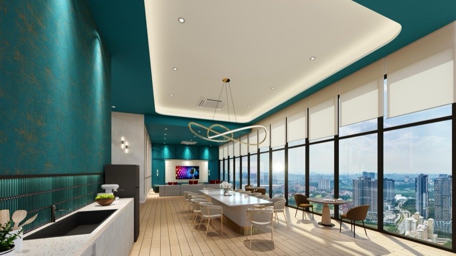 Artist's impression of The Queenswoodz Moonlight Sip sky lounge with city skyline view